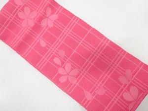 格子に桜模様織り出し　浴衣帯